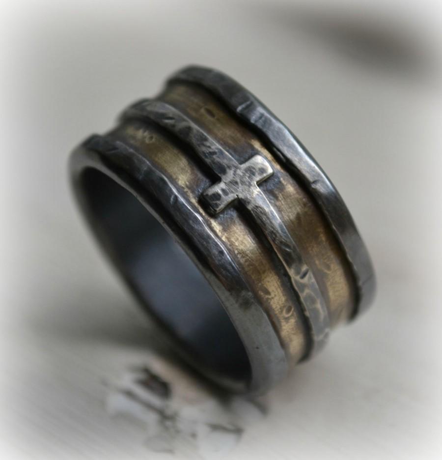 زفاف - mens wedding band - rustic fine silver brass and sterling silver cross - handmade artisan designed wide band ring - manly ring, customized