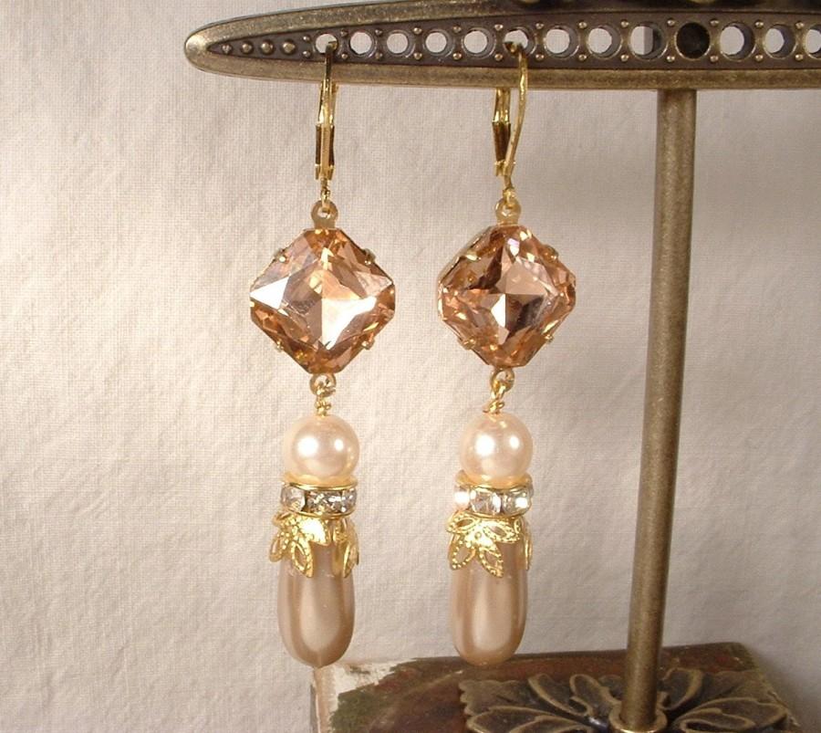 Mariage - Vintage Blush Pink Rhinestone & Champagne and Ivory Pearl Gold Bridal Dangle Earrings Long Drop Art Deco 1920s Earrings Bridesmaids Gift