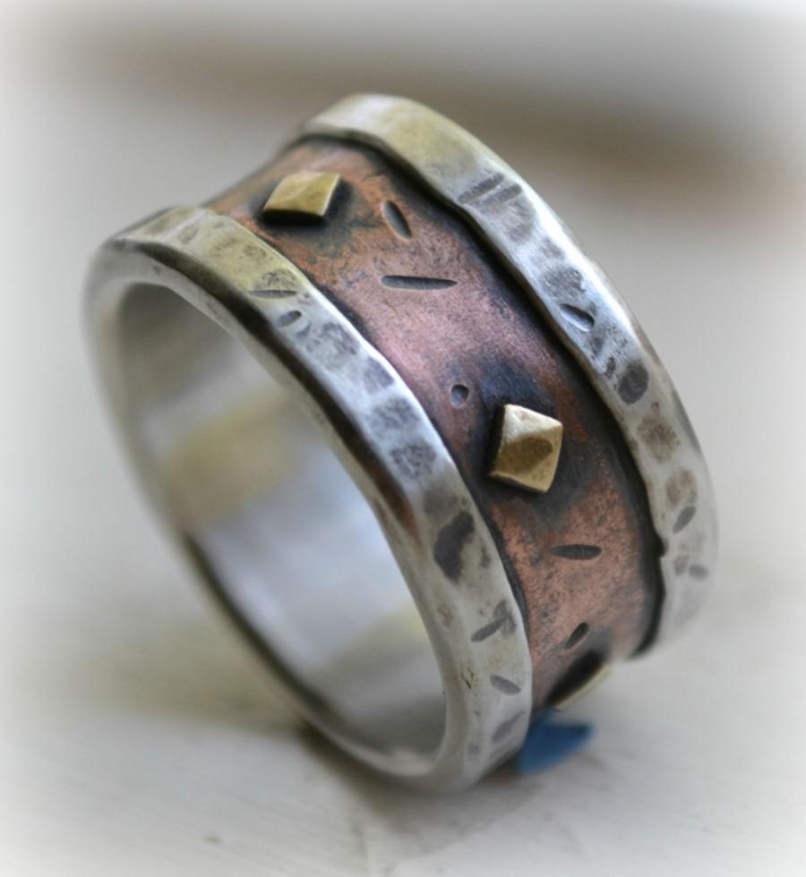 Свадьба - mens wedding band - rustic fine silver copper and brass - handmade artisan designed wide band ring - customized