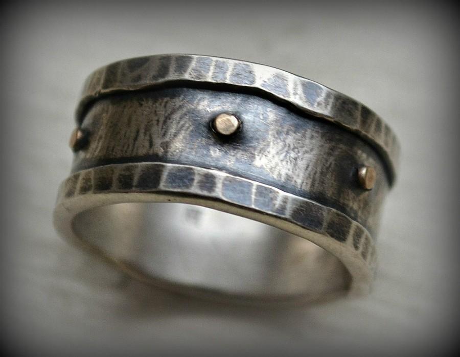 زفاف - mens wedding band - handmade artisan designed fine and sterling silver with 14k gold rivets - oxidized - mens wedding band - customized