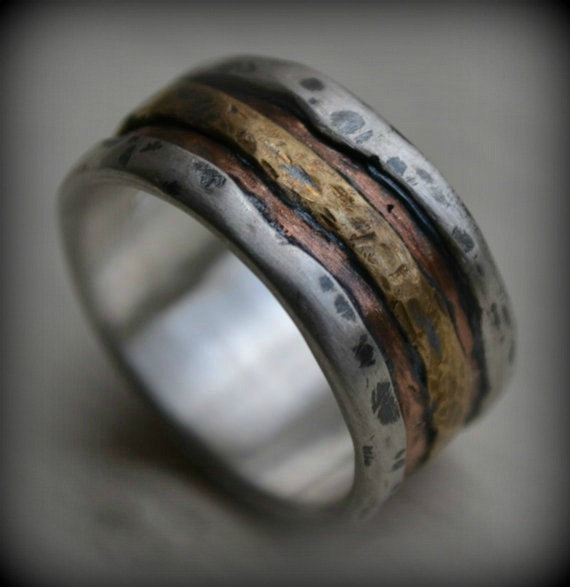 زفاف - mens wedding band - rustic fine silver copper and brass - handmade artisan designed wide band ring - manly ring - customized