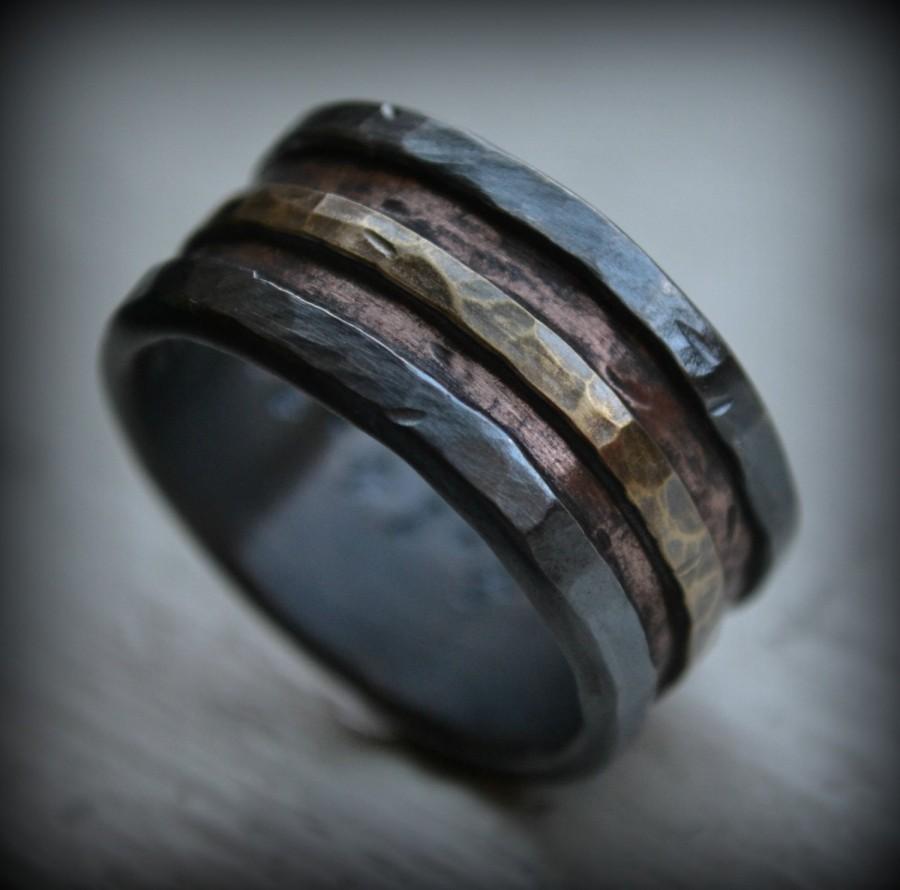 Свадьба - mens wedding band - rustic fine silver copper and brass - handmade artisan designed wide band ring - manly ring - customized