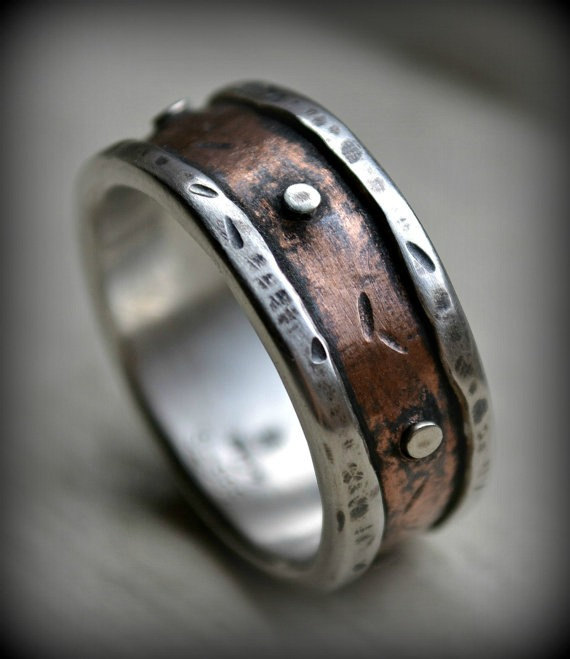 Wedding - mens rustic wedding ring, rustic fine silver and copper ring with silver rivets, oxidized, handmade mens ring, industrial ring, customized