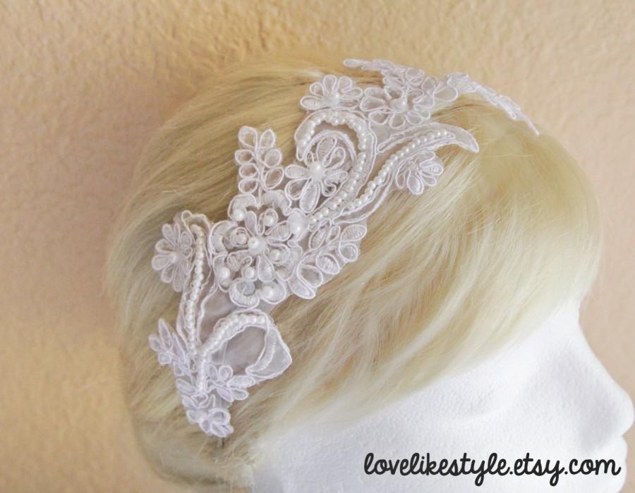 Свадьба - White Pearl Beading Lace Headband / Bridal White Headband, White Lace Head Piece