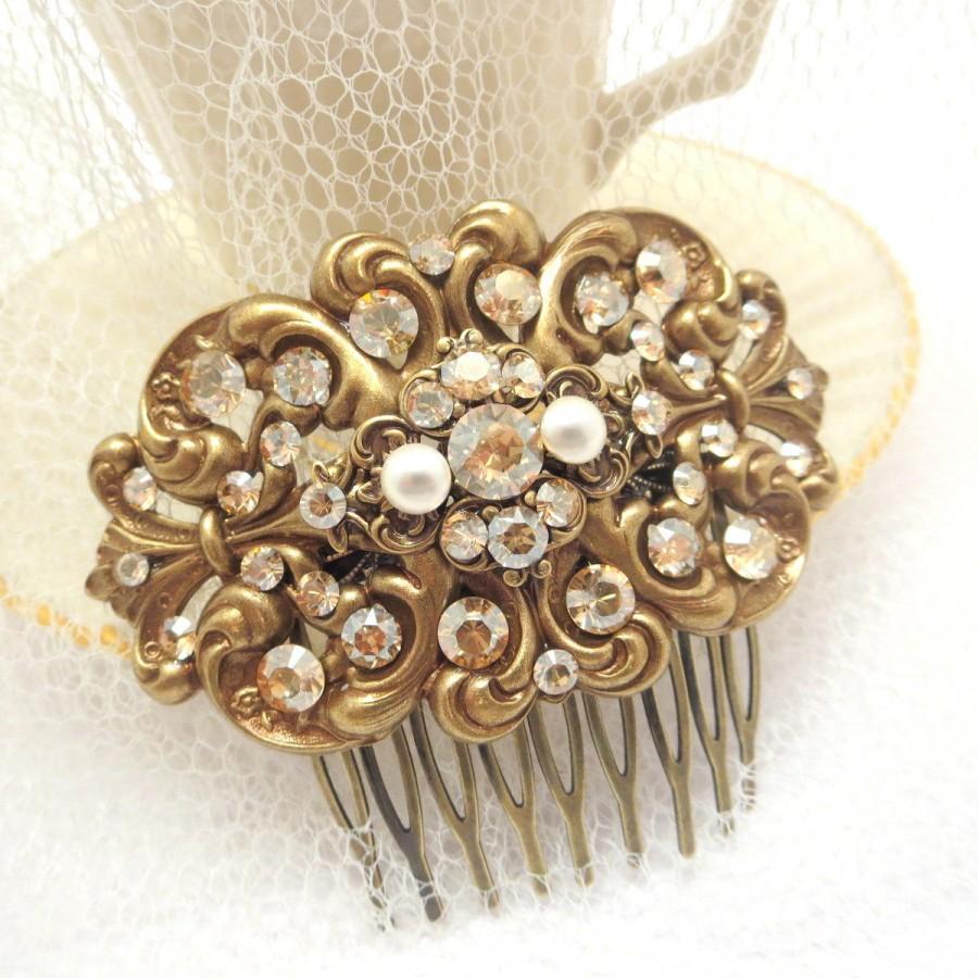 Hochzeit - Bridal hair comb, vintage style hair comb, wedding hair accessory with Swarovski golden shadow crystals and Swarovski pearls, wedding hair