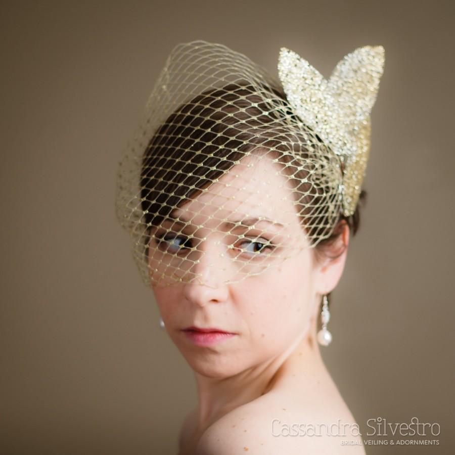 Wedding - Gold Birdcage Wedding Veil with Gold Leaf Headpiece (Bandeau Birdcage Veil, Russian Netting Veil, Gold, Bridal Veil)