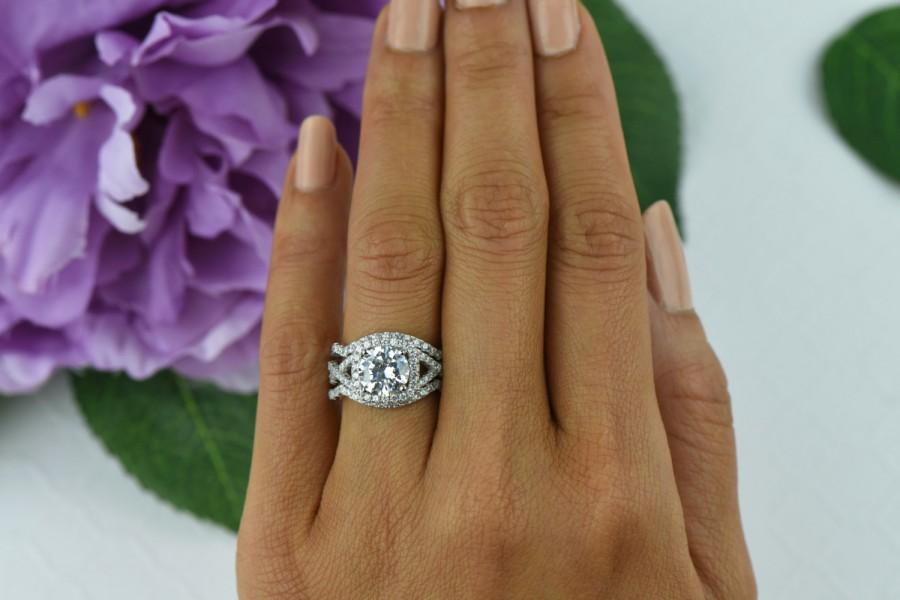 Wedding - 2.25 ctw Twisted Halo Ring, 3 Band Wedding Set, Engagement Ring, Criss Cross Bridal Ring, Man Made Diamond Simulants,Sterling Silver