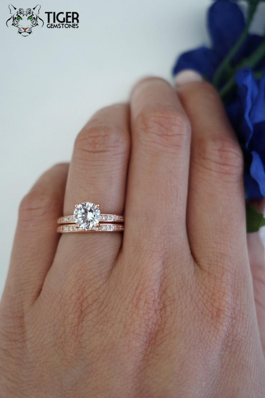 Hochzeit - 1 Carat Solitaire, 1.25 ctw Accented Wedding Set, Bridal Rings, Man Made Diamond Simulants, Engagement Rings, Sterling Silver & Rose Gold