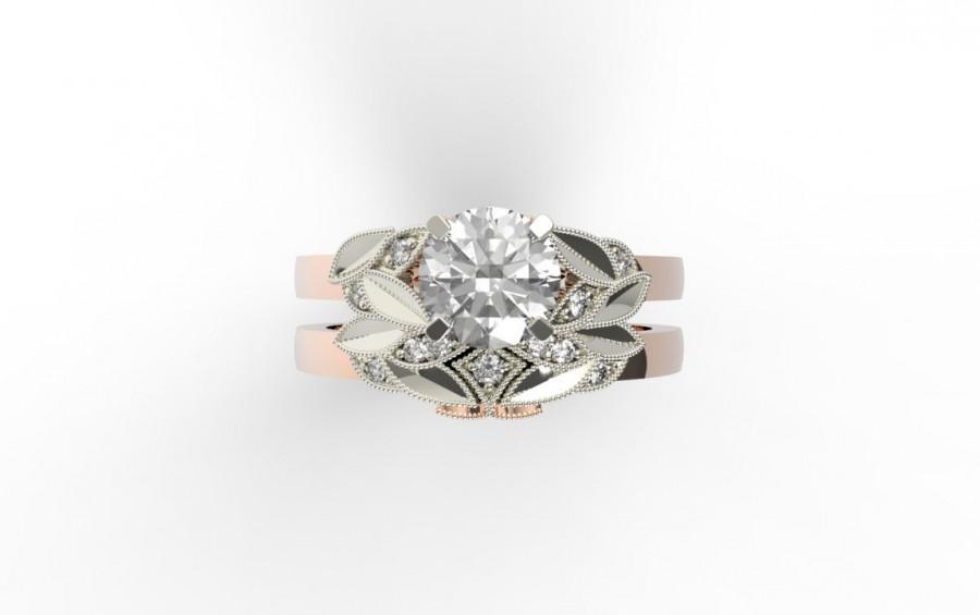 زفاف - Two tone Leaves Engagement Ring & Wedding band, 18k gold ring,Rose gold and Diamond engagement ring, Anniversary ring