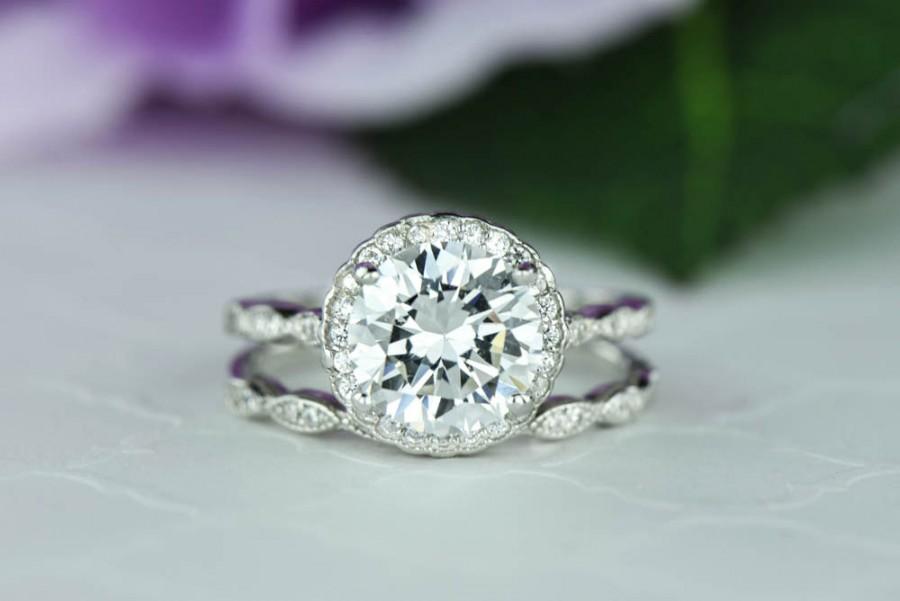 Wedding - 2.25 ctw Scalloped Halo Wedding Set, Vintage Inspired Bridal Rings, Man Made Diamond Simulants, Art Deco Engagement Rings, Sterling Silver