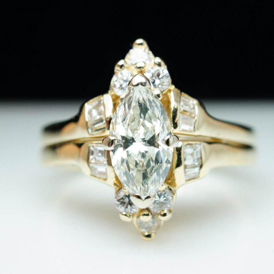 Hochzeit - Unique Vintage Large Marquise Cut Natural Diamond Engagement Ring in 14k Yellow Gold Ring Unique Engagement Ring