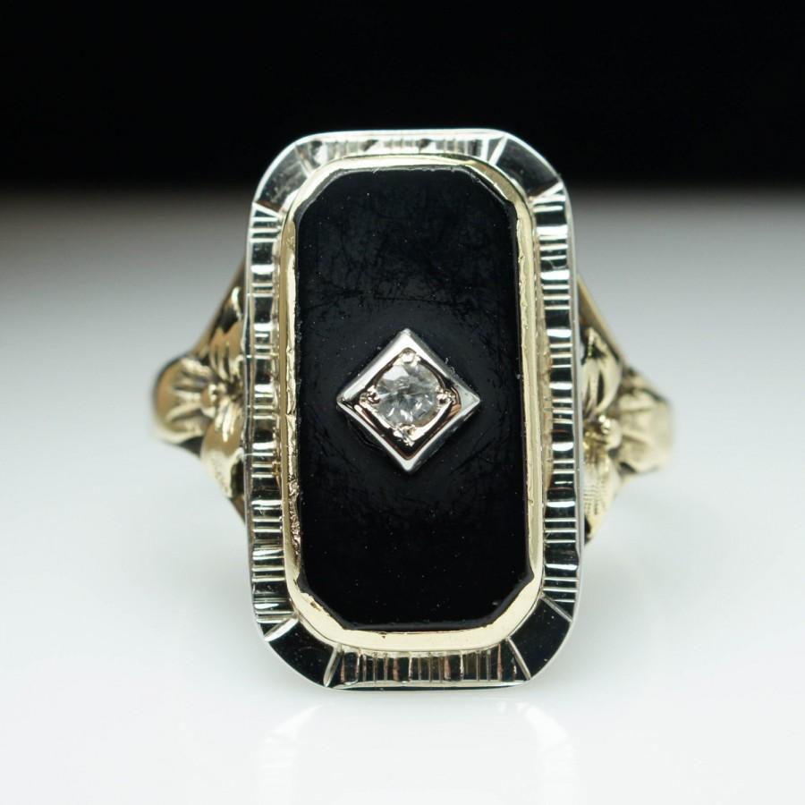 زفاف - Antique Art Deco White Sapphire and Onyx Ring 18k Yellow & White Gold - Size 8.5