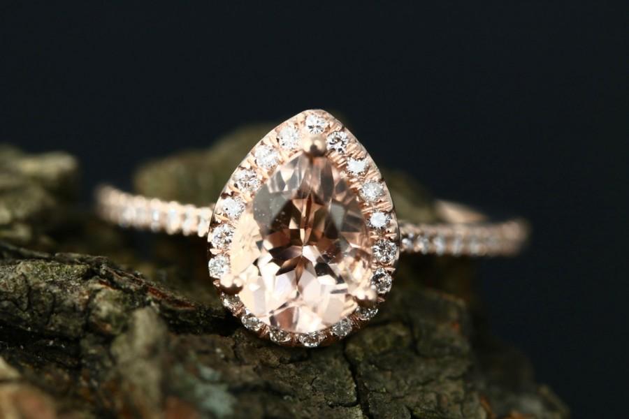 Hochzeit - Gigi Morganite Ring 8x6mm Pear Cut Morganite 14K Rose Gold Diamond Halo Engagement Ring Wedding Bridal Ring Promise Ring Anniversary Ring