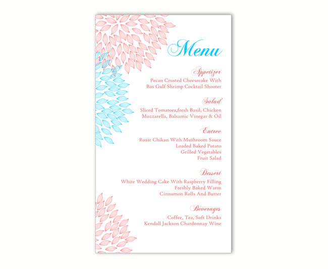 Mariage - Wedding Menu Template DIY Menu Card Template Editable Text Word File Instant Download Pink Menu Floral Menu Card Blue Printable Menu 4x7inch