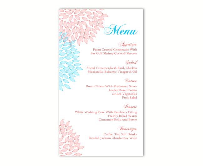 Wedding - Wedding Menu Template DIY Menu Card Template Editable Text Word File Instant Download Pink Menu Floral Menu Card Blue Printable Menu 4x7inch