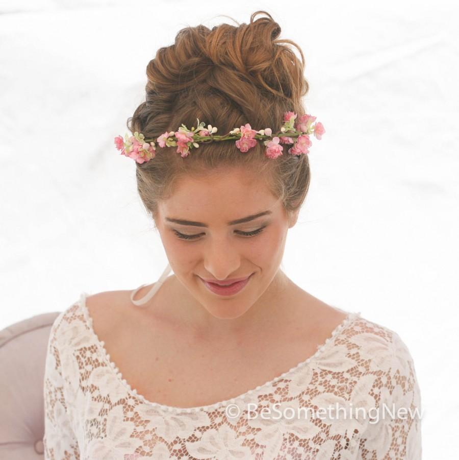 Hochzeit - Woodland Wedding Rustic Bridal Wreath with Pink Flowers, Wedding Headpiece, Flower Crown, Bridesmaids Hair Wreaths, Bohimian Boho Hair