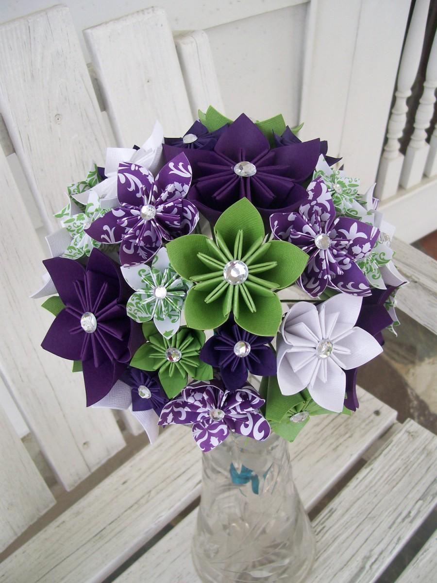 Wedding - Custom Paper Flower Bridal Bouquet and Boutonniere