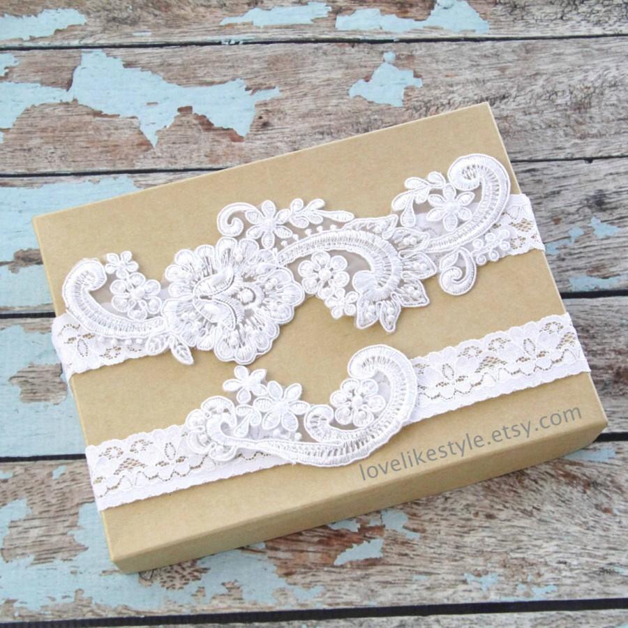 Hochzeit - White  Pearl Beaded Lace Wedding Garter Set , White Lace Garter Set, Toss Garter , Keepsake Garter, White Wedding Garter / GT-53