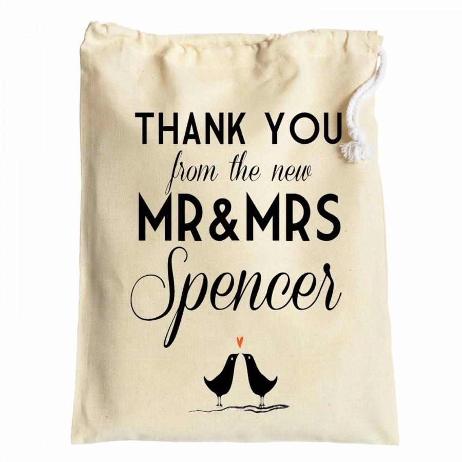 Свадьба - Wedding favour thank you cotton drawstring gift bags newly weds just married couple for bridesmaids wedding guests table decoration