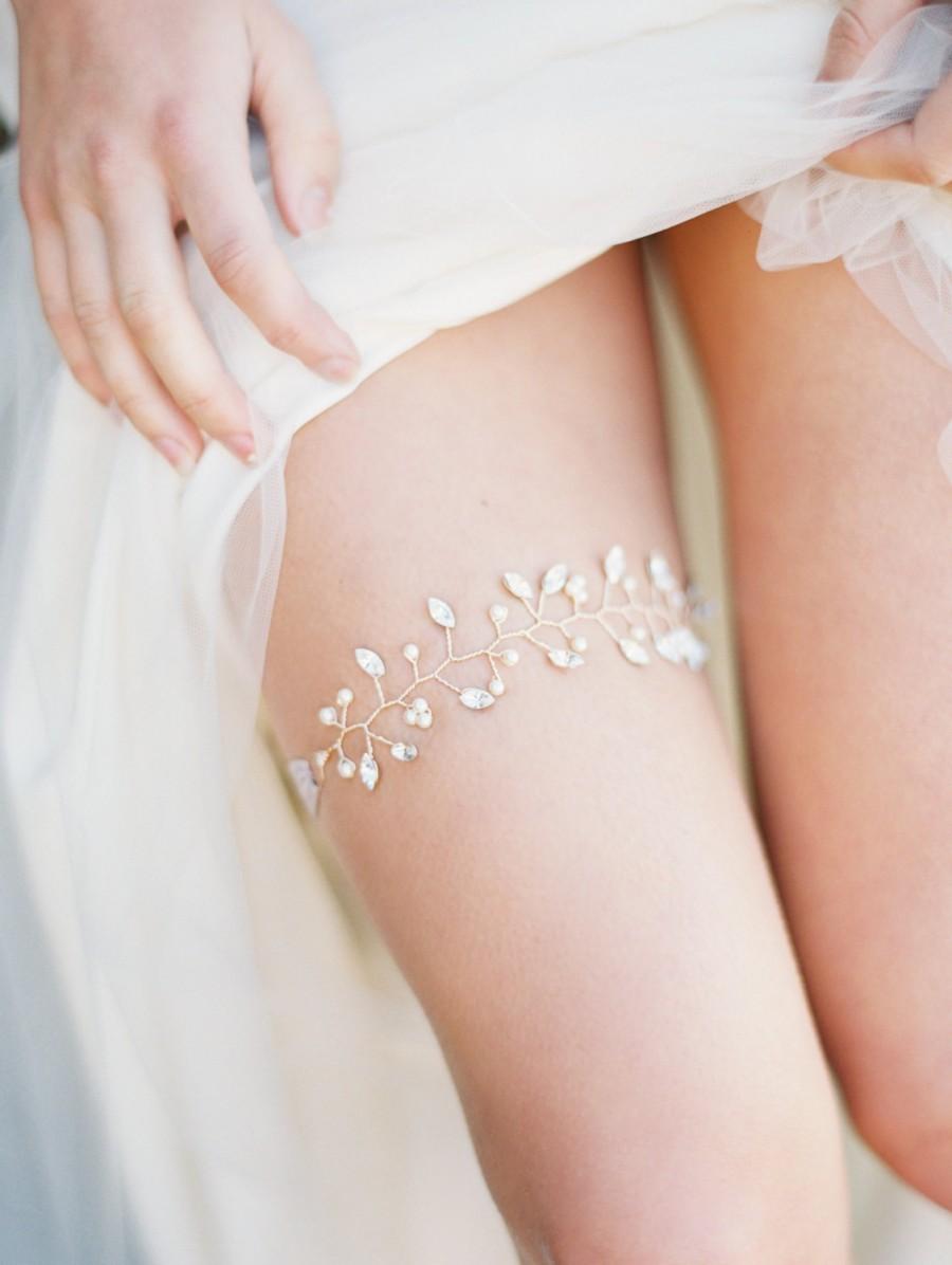 Hochzeit - Bridal Garter, Rose Blush Rhinestone and Pearl Twig Garter - Style 9715