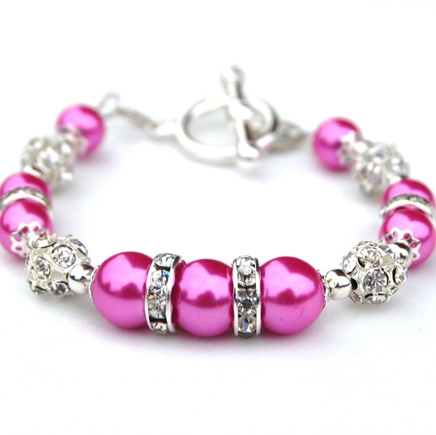 Wedding - Hot Pink Pearl Sparkling Bracelet, Bridesmaid Jewelry, Bling Bracelet, Gift for Bridesmaids, Pink Bridesmaids, Pink Wedding, Spring Wedding