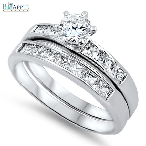 زفاف - Eternity Band Ring Round Cut Princess Diamond CZ Accent Dazzling Wedding Double 925 Sterling Silver Two Piece Promise Engagement Ring Band