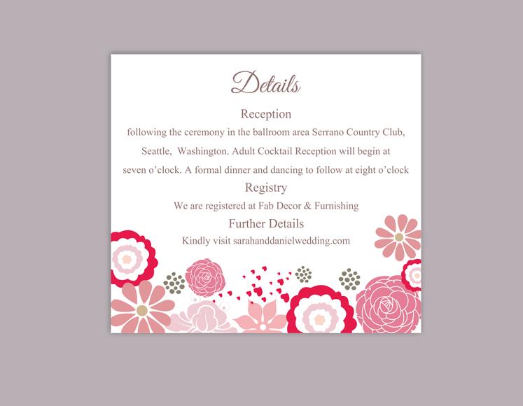 Wedding - DIY Wedding Details Card Template Editable Word File Download Printable Details Card Floral Pink Details Card Colorful Information Card