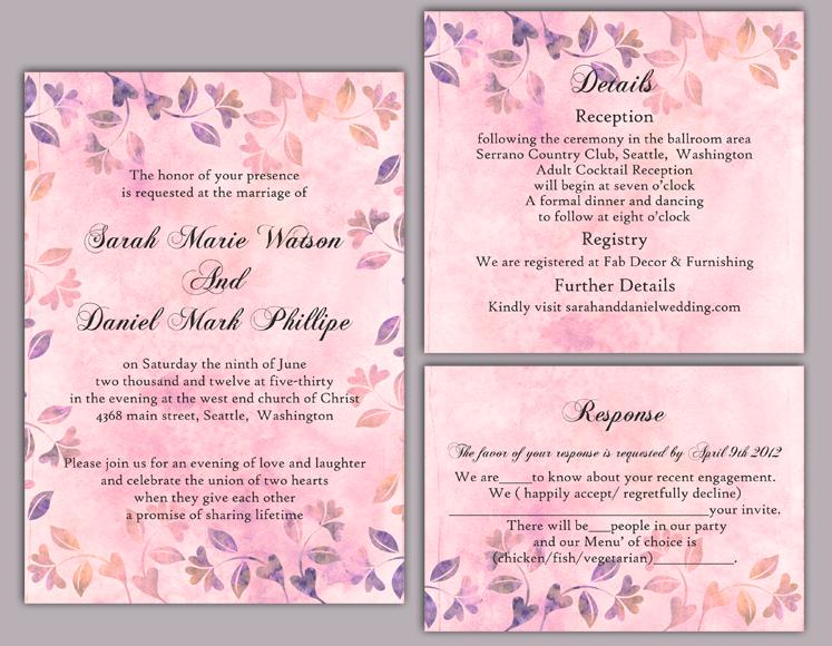 Wedding - DIY Rustic Wedding Invitation Template Set Editable Word File Download Printable Vintage Invitation Pink Invitation Leaf Floral Invitation