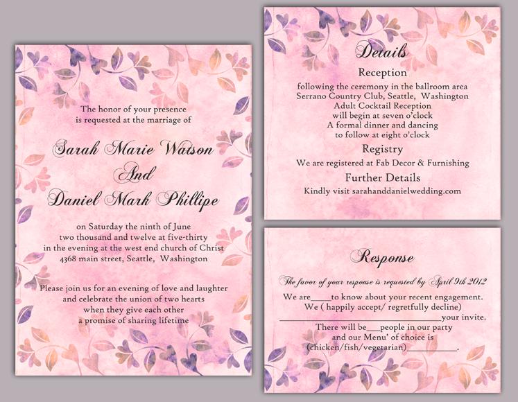 Mariage - DIY Rustic Wedding Invitation Template Set Editable Word File Download Printable Vintage Invitation Pink Invitation Leaf Floral Invitation