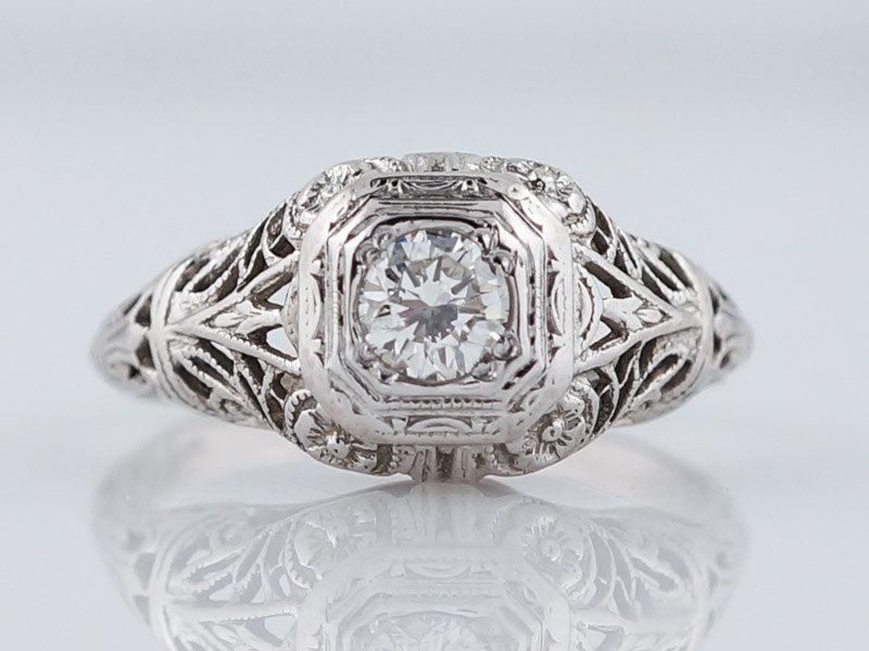 Hochzeit - Antique Art Deco .25ct Round Brilliant Diamond Engagement Ring in 18k White Gold
