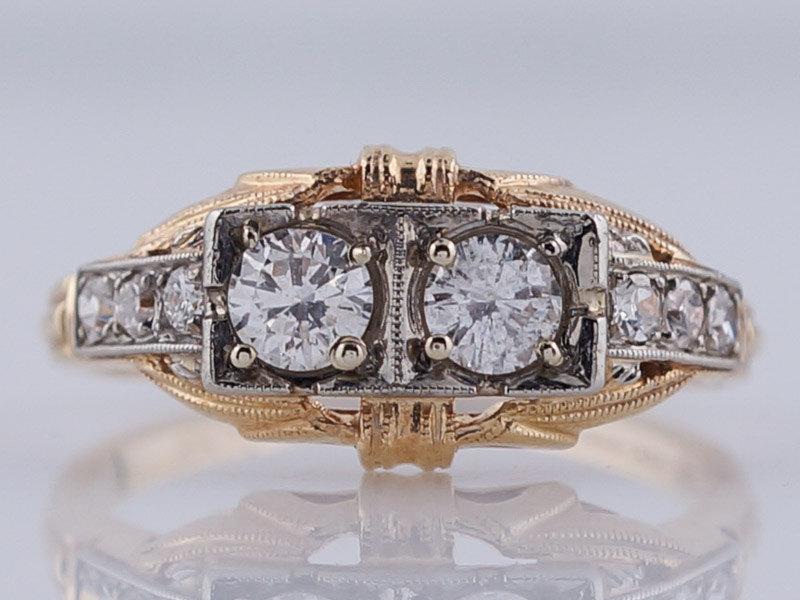 زفاف - Antique Engagement Ring Edwardian Art Deco Era .52 cttw Diamond Two Stone in 14K Yellow Gold & 18K White Gold