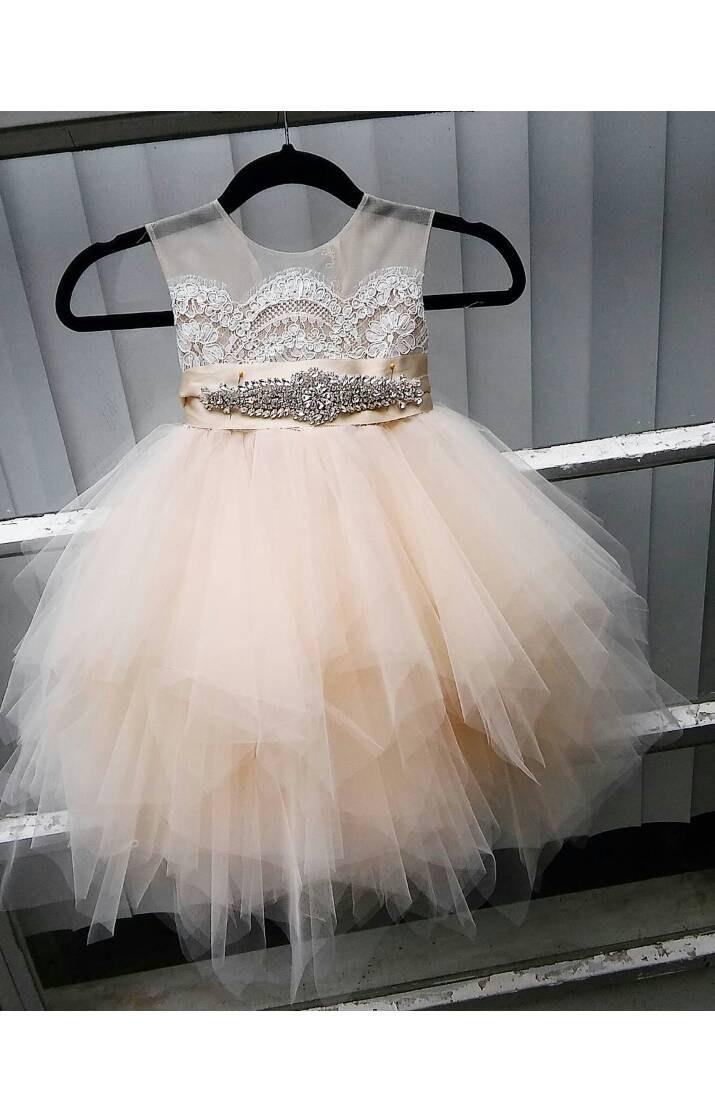Mariage - flower girl dress 'Bianca' with rhinestone sash, sheer netting, French lace, pouffy tulle skirt, birthday dress, fairy dress, pageant dress