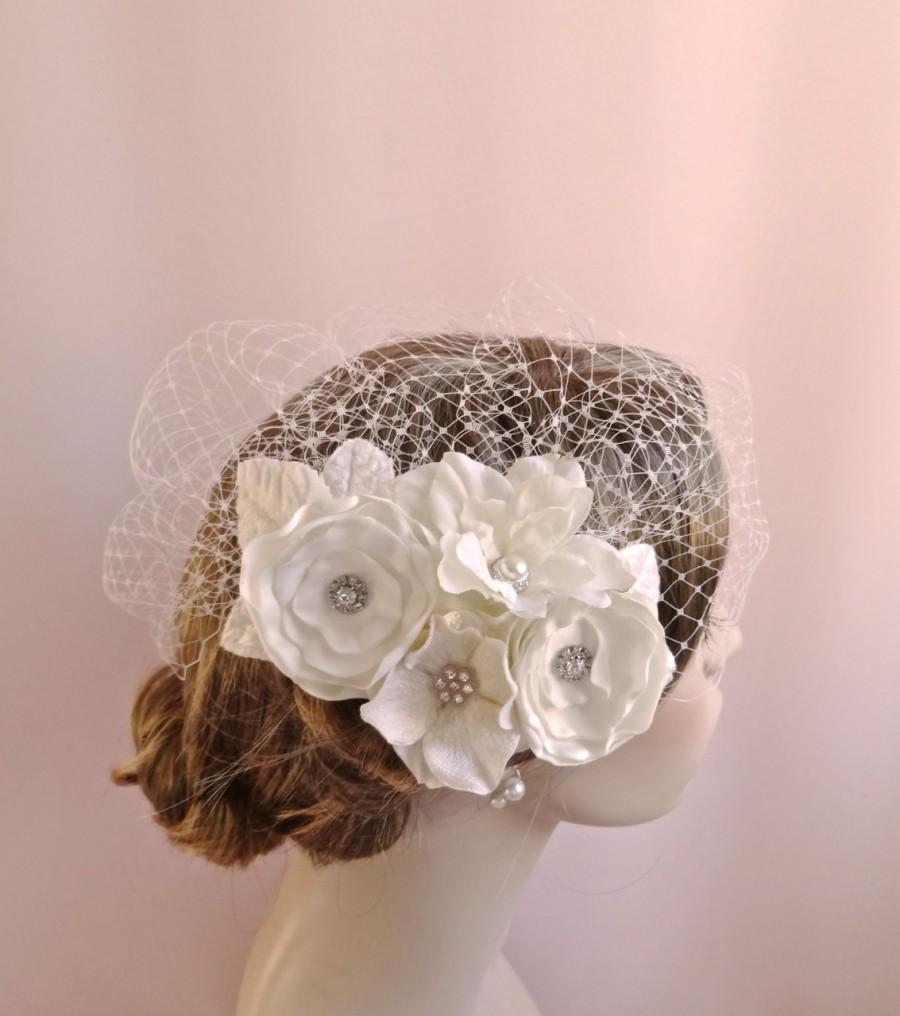Wedding - Bridal veil with flowers, birdcage veil, bridal headpiece, ivory wedding veil,  ivory flower headpiece, wedding hair accessory Style 807