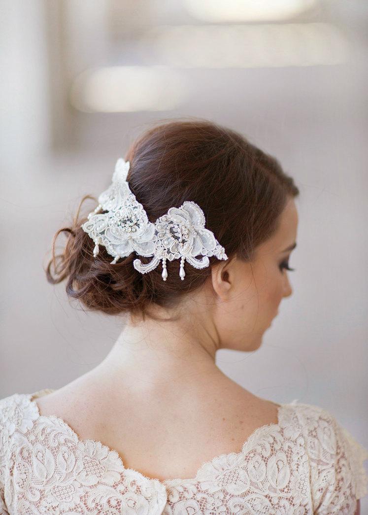 Hochzeit - Bridal headpiece, Alencon Lace rhinestone headpiece, bridal pearls hair accessory, wedding head piece headpiece Style 236