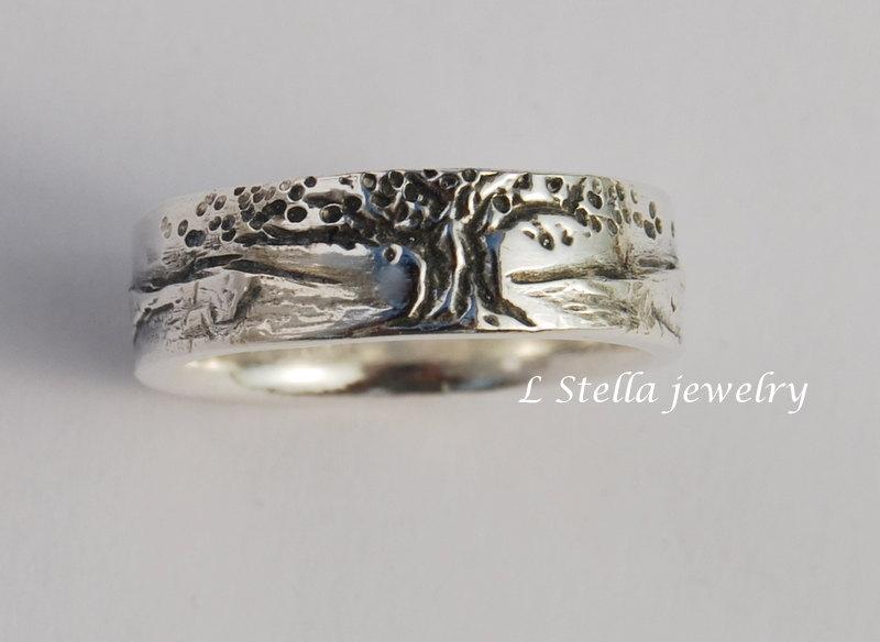 زفاف - Tree Mountain Band 6.5mm sterling silver Ring, landscape wedding women's man's, Tree of Life,marriage tree of life