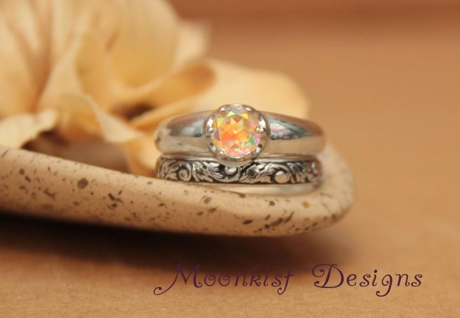 زفاف - Opalescent Topaz Wedding Ring Set, Tendril and Vine Fitted Band - Modern Solitaire and Floral Wedding Band in Sterling -Engagement Ring Set