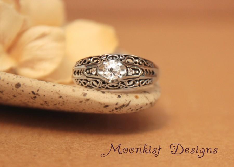 Wedding - Moissanite Filigree Wedding Ring, Sterling Silver - Vintage-Style Scroll Engagement Ring - Filigree Commitment Ring with Diamond Alternative