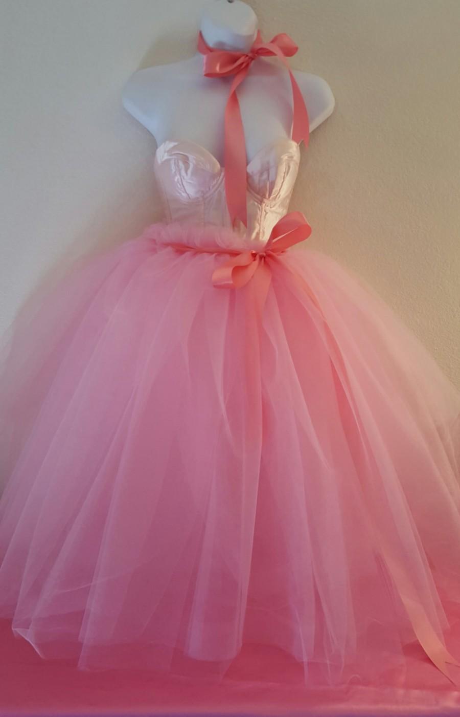 Hochzeit - Pink Ribbon Satin Corset Tulle Tutu Tea Length Or Midi Ballgown Party Wedding Bridal Belly Dance Party