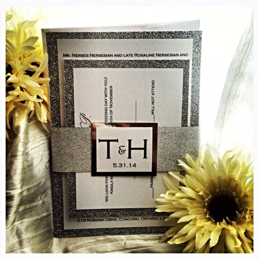 Hochzeit - Glitter Wedding invitations, Glitter Wedding Invitation with monogram belt and RSVP Set, printed wedding invitations
