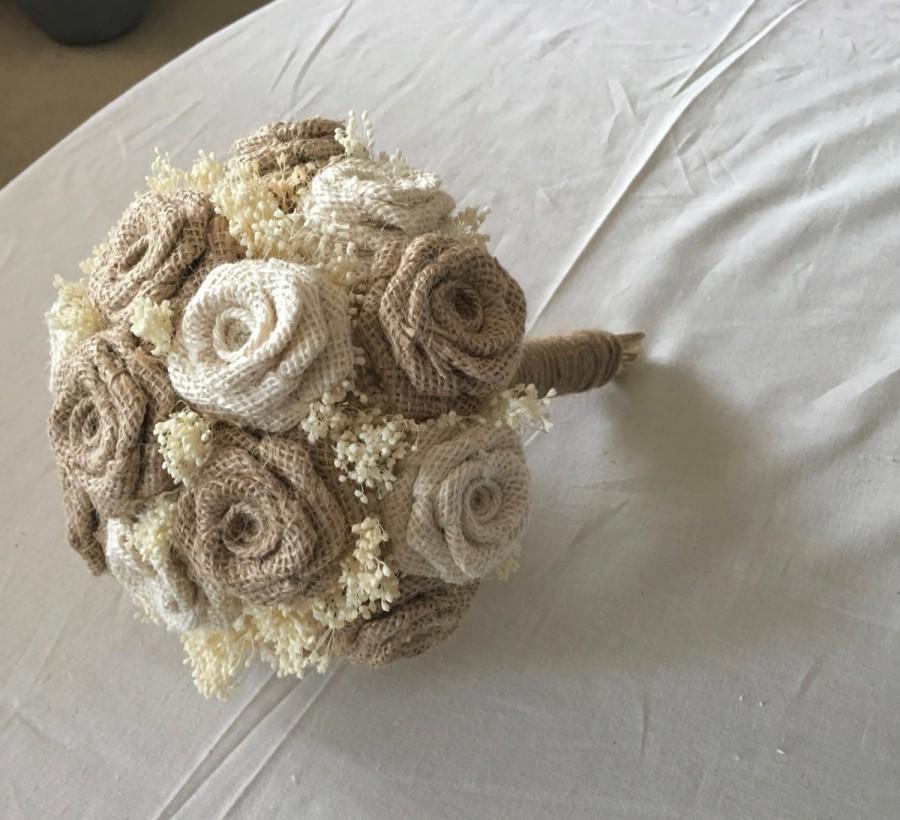 زفاف - Medium Bridal Burlap Bouquet in Ivory and Natural 7.5'' inches, Burlap Wedding Bouquet ,Rustic Wedding, Wedding Bouquet