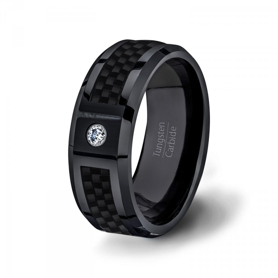 Mariage - Mens Wedding Band Black Tungsten Ring Beveled Edge 8mm with Dark Carbon Fiber Surface Beveled Edge Comfort Fit