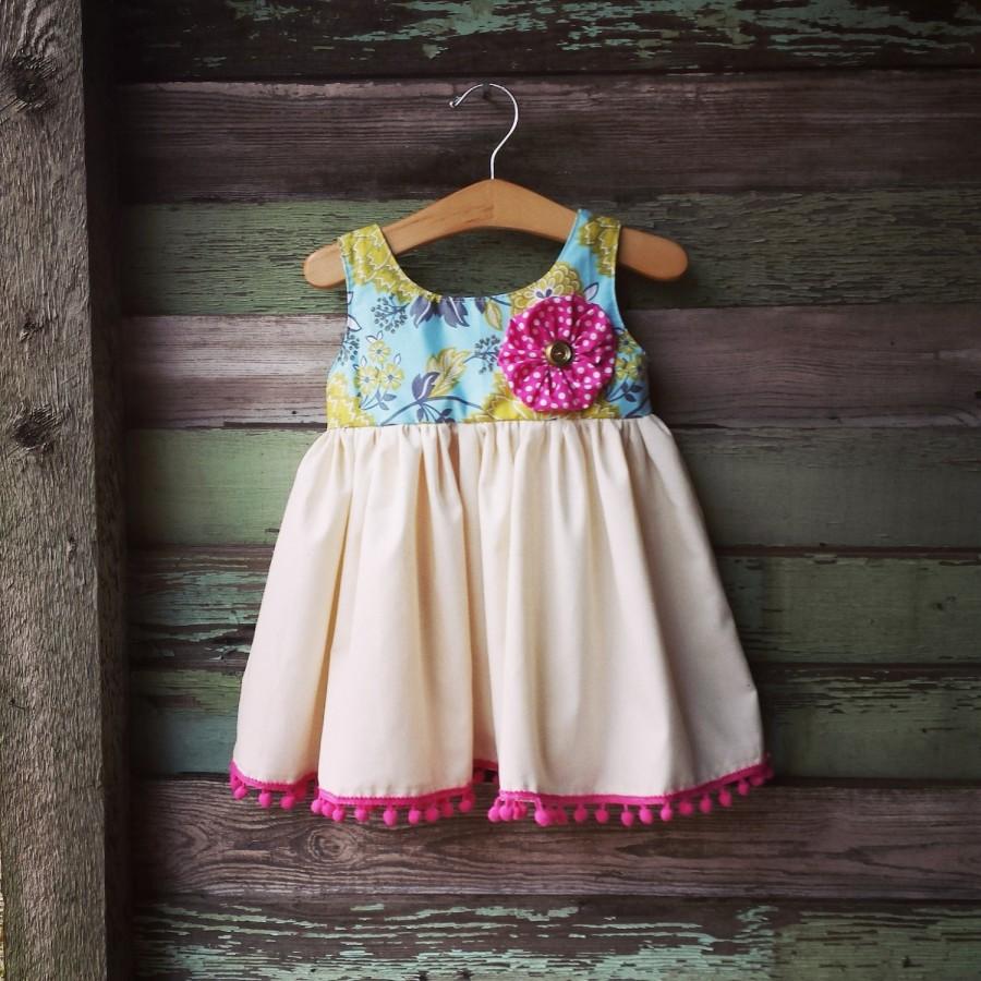 Wedding - Gypsy Dress, Girls Spring Dress, Pom Poms, Boho flower girl Dress, First Birthday Dress, Bright, Easter Dress,Toddler Dress, Limited Edition