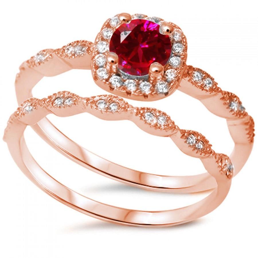 Mariage - Vintage Wedding Engagement Ring Round Deep Red Garnet Clear Diamond CZ Halo Two Piece Ring Band Bridal Set Rose Gold 925 Sterling Silver