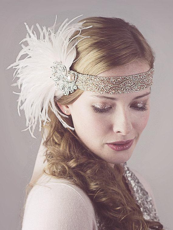 Wedding - Peaches And Cream Ostrich Feather Flapper Headband Silver And Antique Gold Great Gatsby Style