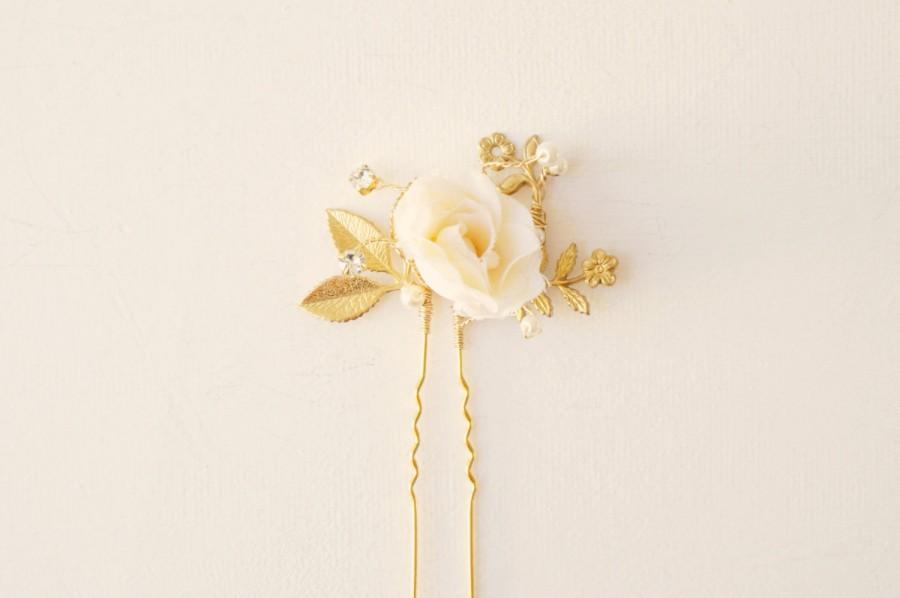 زفاف - Gold bridal hair clip, Ivory flower clip, Wedding hair pin, Bridal, Gold wedding, Gold U pin, Vintage, something old, Bride hair
