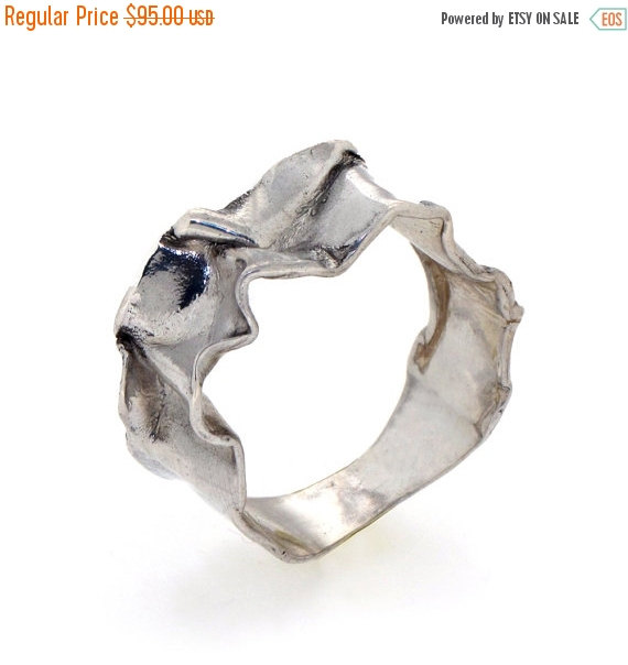Wedding - SALE 20% Off - CRUMPLED sterling silver ring, unique silver ring, Sterling Silver Wedding Band, mens silver band, custom silver ring