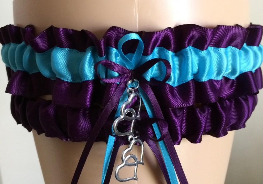 زفاف - Plum Purple and Turquoise Wedding Garter, Bridal Garter, Prom Garter, Keepsake Garter, Wedding Gift