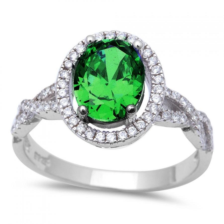 Wedding - Modern Infinity Crisscross Shank Halo Solitaire Accent Wedding Engagement Ring 1.86CT Oval Cut Emerald Green Round Russian Diamond White CZ