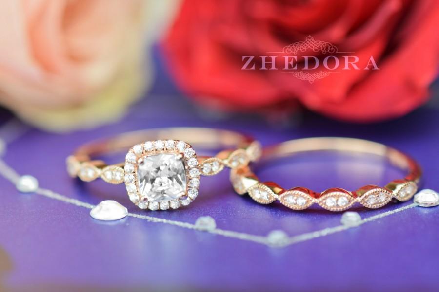 Mariage - 1.5 CT Princess Cut Engagement Ring band set in Solid 14k Rose Gold Bridal Wedding Set Engagement Set Lab Created Diamond