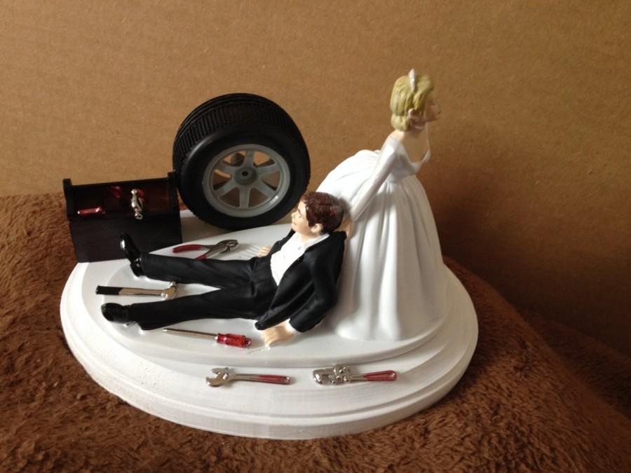 Wedding - Cake Topper Wedding Day Bride Groom Funny  Auto Mechanic Grease Monkey Themed Automotive Garage Shop Tools